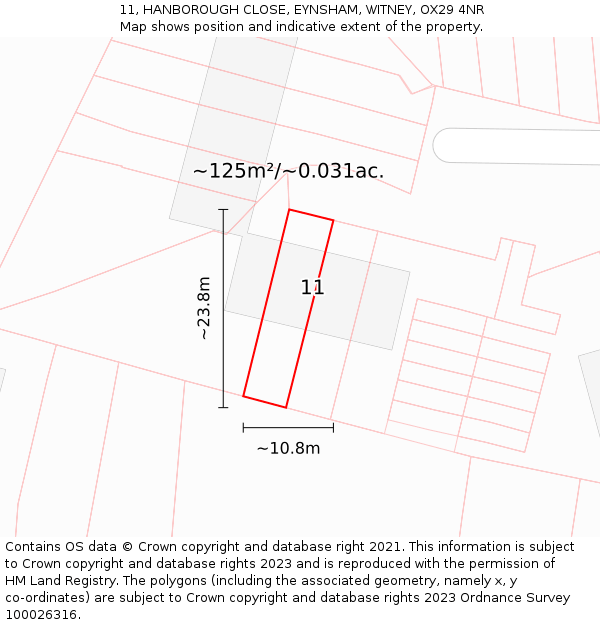 11, HANBOROUGH CLOSE, EYNSHAM, WITNEY, OX29 4NR: Plot and title map