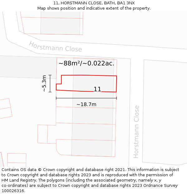 11, HORSTMANN CLOSE, BATH, BA1 3NX: Plot and title map