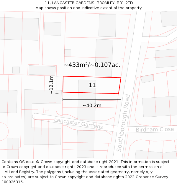 11, LANCASTER GARDENS, BROMLEY, BR1 2ED: Plot and title map