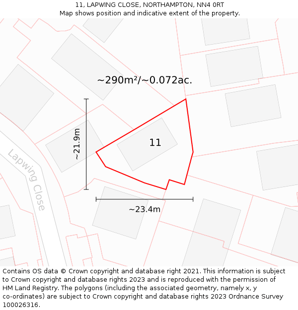 11, LAPWING CLOSE, NORTHAMPTON, NN4 0RT: Plot and title map