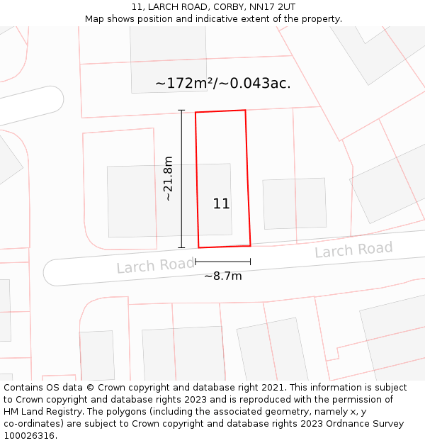 11, LARCH ROAD, CORBY, NN17 2UT: Plot and title map
