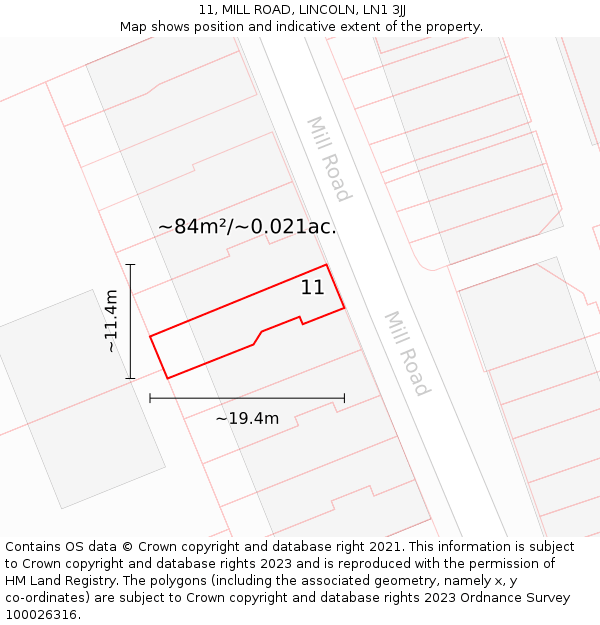 11, MILL ROAD, LINCOLN, LN1 3JJ: Plot and title map