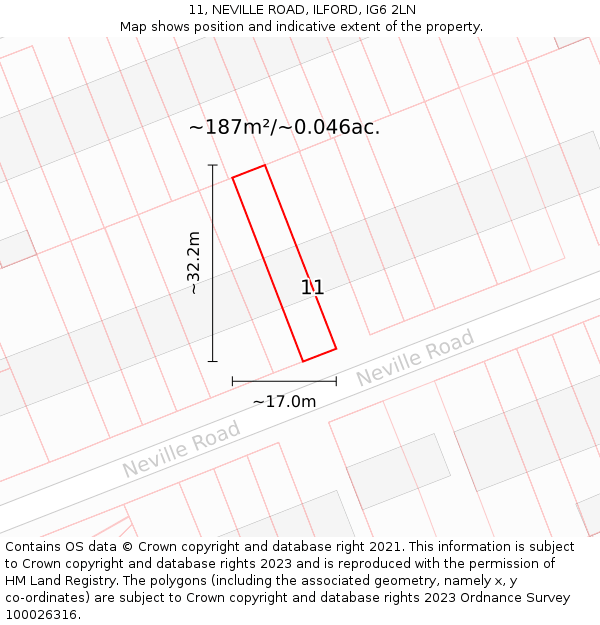 11, NEVILLE ROAD, ILFORD, IG6 2LN: Plot and title map