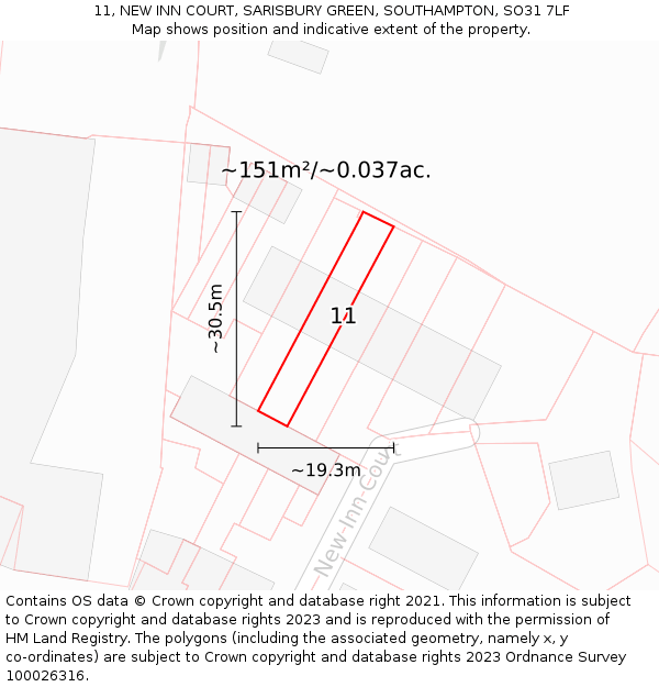 11, NEW INN COURT, SARISBURY GREEN, SOUTHAMPTON, SO31 7LF: Plot and title map