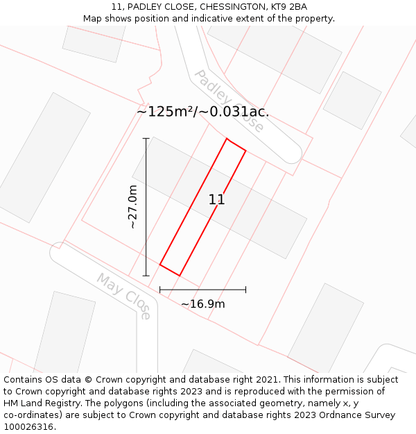 11, PADLEY CLOSE, CHESSINGTON, KT9 2BA: Plot and title map