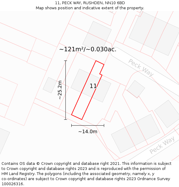 11, PECK WAY, RUSHDEN, NN10 6BD: Plot and title map
