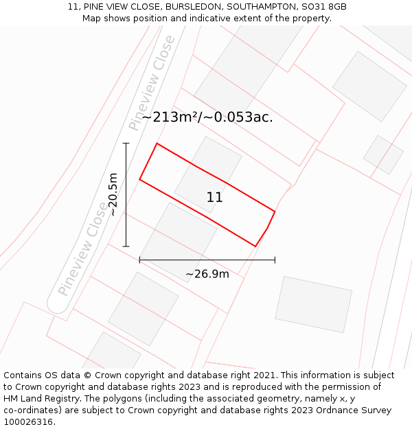 11, PINE VIEW CLOSE, BURSLEDON, SOUTHAMPTON, SO31 8GB: Plot and title map
