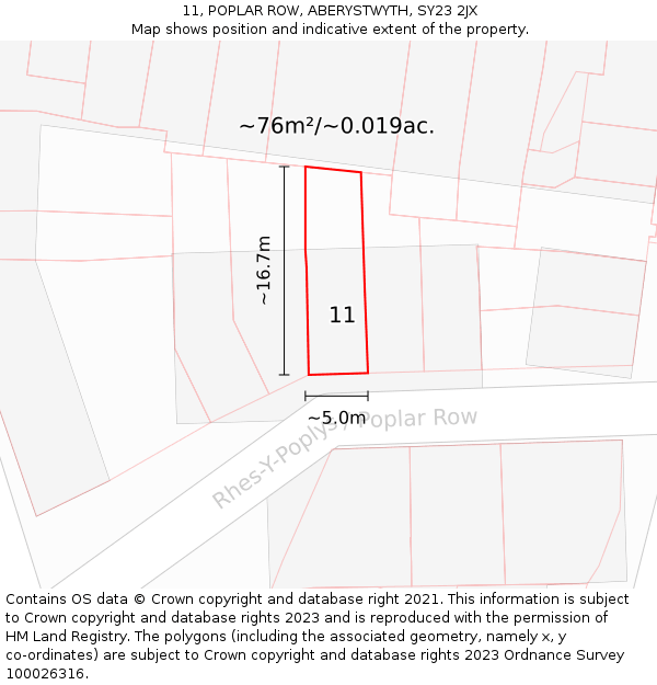 11, POPLAR ROW, ABERYSTWYTH, SY23 2JX: Plot and title map