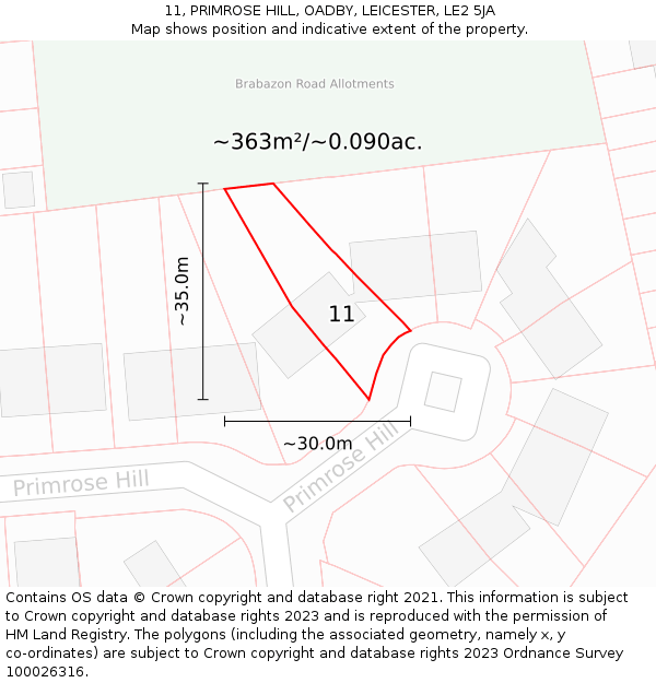 11, PRIMROSE HILL, OADBY, LEICESTER, LE2 5JA: Plot and title map