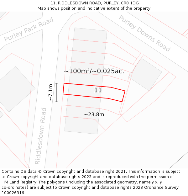 11, RIDDLESDOWN ROAD, PURLEY, CR8 1DG: Plot and title map