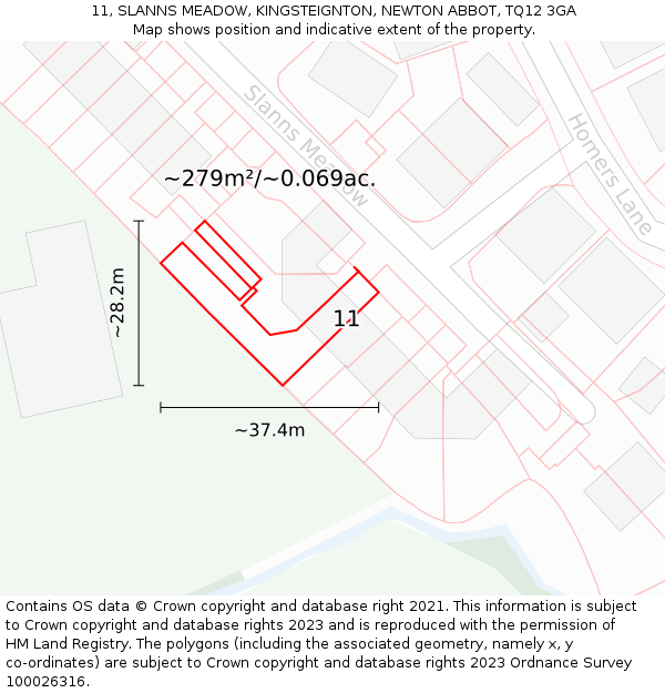 11, SLANNS MEADOW, KINGSTEIGNTON, NEWTON ABBOT, TQ12 3GA: Plot and title map