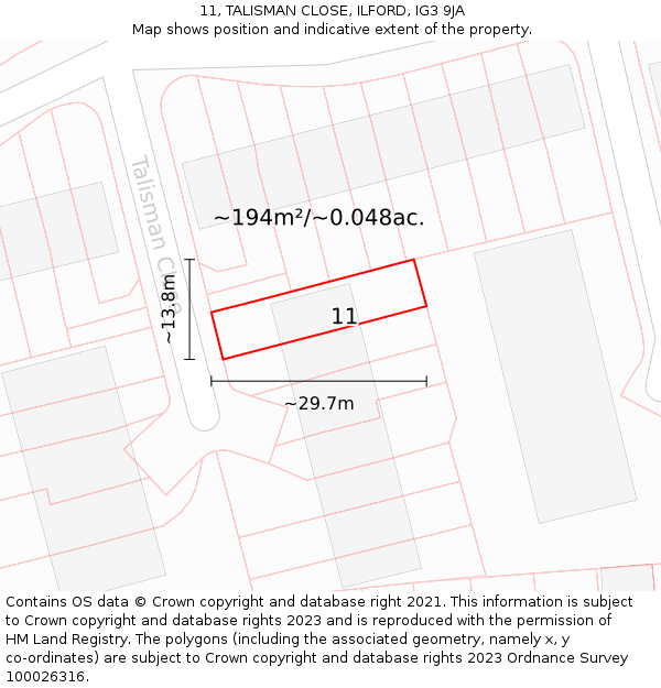 11, TALISMAN CLOSE, ILFORD, IG3 9JA: Plot and title map