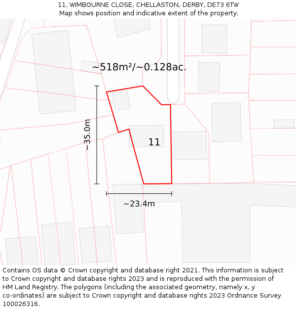 11, WIMBOURNE CLOSE, CHELLASTON, DERBY, DE73 6TW: Plot and title map