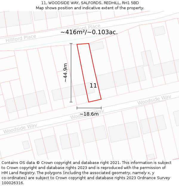 11, WOODSIDE WAY, SALFORDS, REDHILL, RH1 5BD: Plot and title map