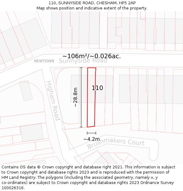 110, SUNNYSIDE ROAD, CHESHAM, HP5 2AP: Plot and title map