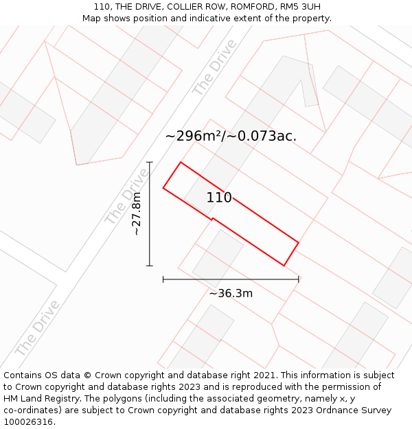 110, THE DRIVE, COLLIER ROW, ROMFORD, RM5 3UH: Plot and title map