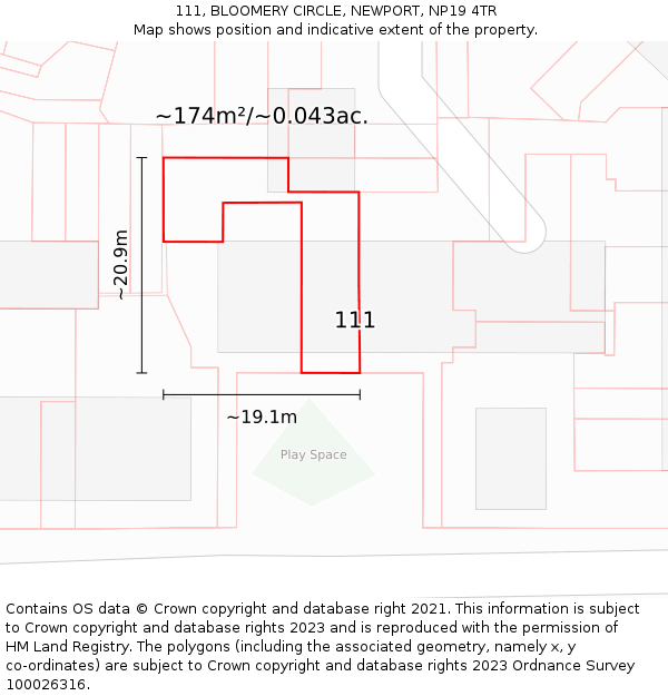 111, BLOOMERY CIRCLE, NEWPORT, NP19 4TR: Plot and title map