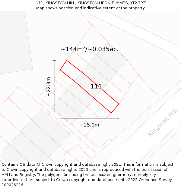 111, KINGSTON HILL, KINGSTON UPON THAMES, KT2 7PZ: Plot and title map