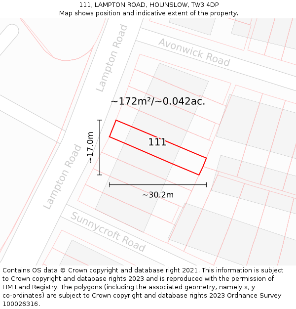 111, LAMPTON ROAD, HOUNSLOW, TW3 4DP: Plot and title map
