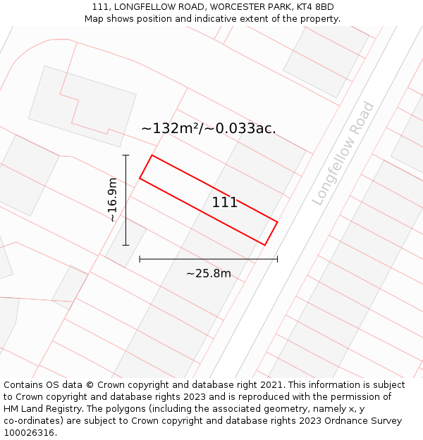 111, LONGFELLOW ROAD, WORCESTER PARK, KT4 8BD: Plot and title map