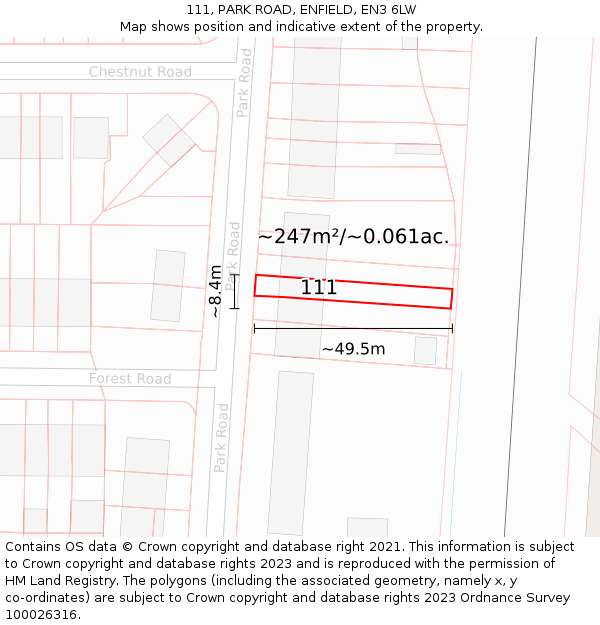 111, PARK ROAD, ENFIELD, EN3 6LW: Plot and title map