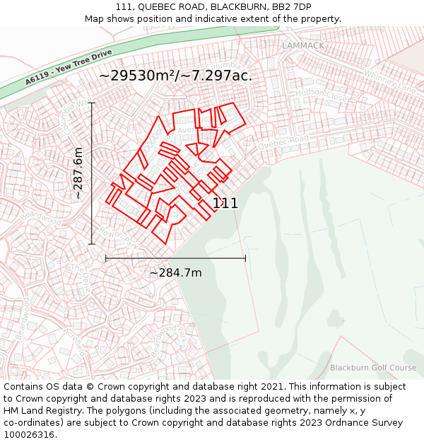 111, QUEBEC ROAD, BLACKBURN, BB2 7DP: Plot and title map