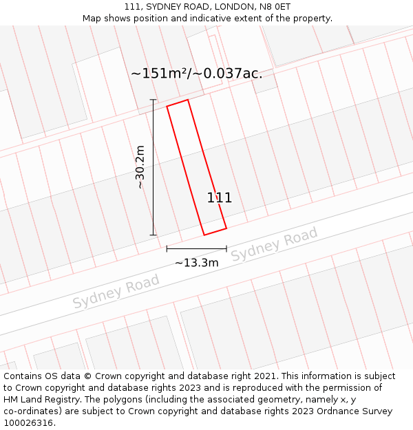 111, SYDNEY ROAD, LONDON, N8 0ET: Plot and title map