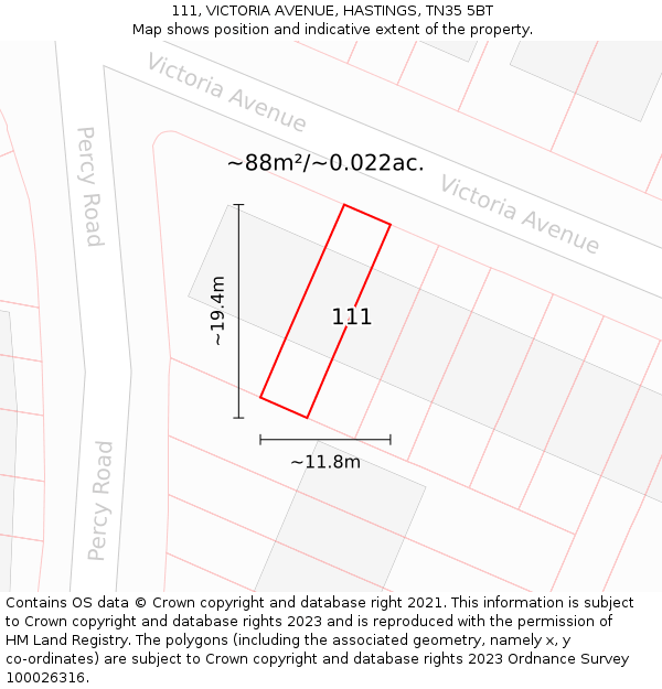 111, VICTORIA AVENUE, HASTINGS, TN35 5BT: Plot and title map