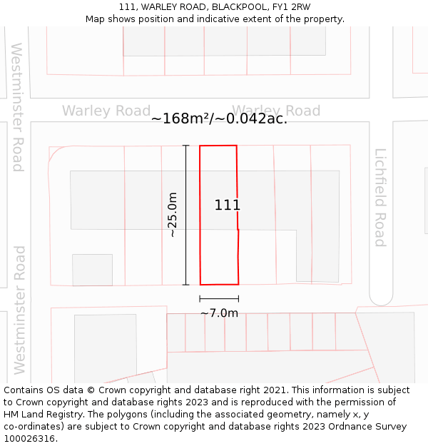 111, WARLEY ROAD, BLACKPOOL, FY1 2RW: Plot and title map