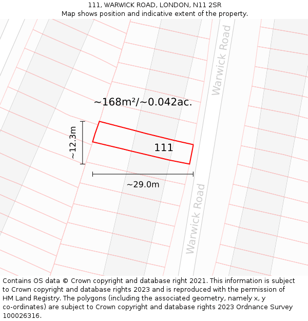 111, WARWICK ROAD, LONDON, N11 2SR: Plot and title map