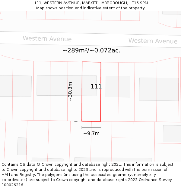 111, WESTERN AVENUE, MARKET HARBOROUGH, LE16 9PN: Plot and title map