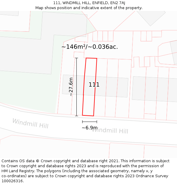 111, WINDMILL HILL, ENFIELD, EN2 7AJ: Plot and title map