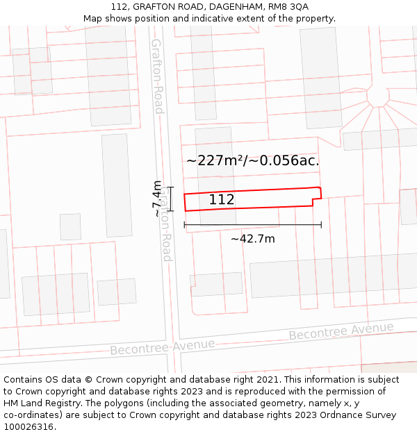 112, GRAFTON ROAD, DAGENHAM, RM8 3QA: Plot and title map