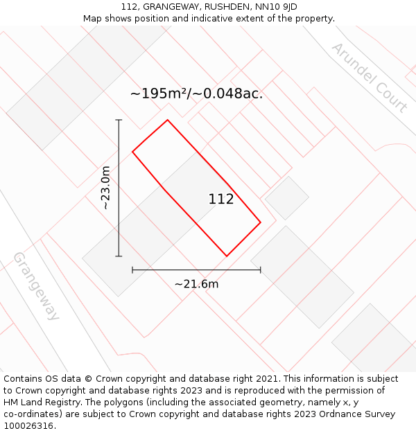 112, GRANGEWAY, RUSHDEN, NN10 9JD: Plot and title map