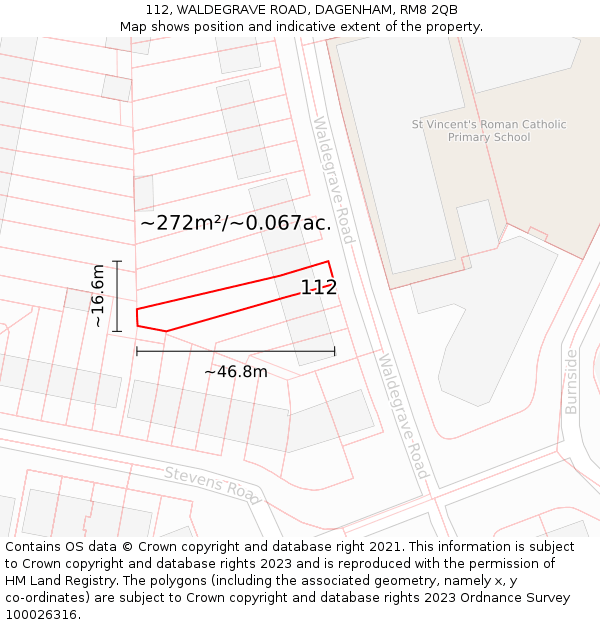 112, WALDEGRAVE ROAD, DAGENHAM, RM8 2QB: Plot and title map