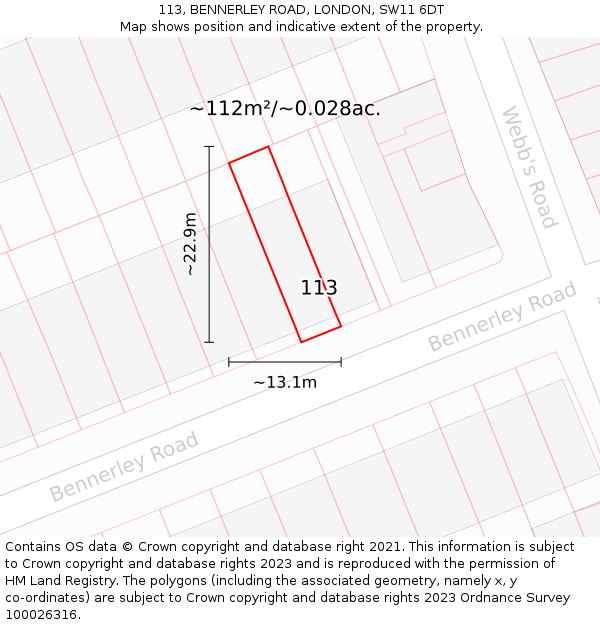 113, BENNERLEY ROAD, LONDON, SW11 6DT: Plot and title map