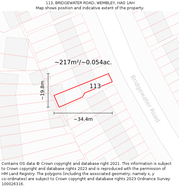 113, BRIDGEWATER ROAD, WEMBLEY, HA0 1AH: Plot and title map