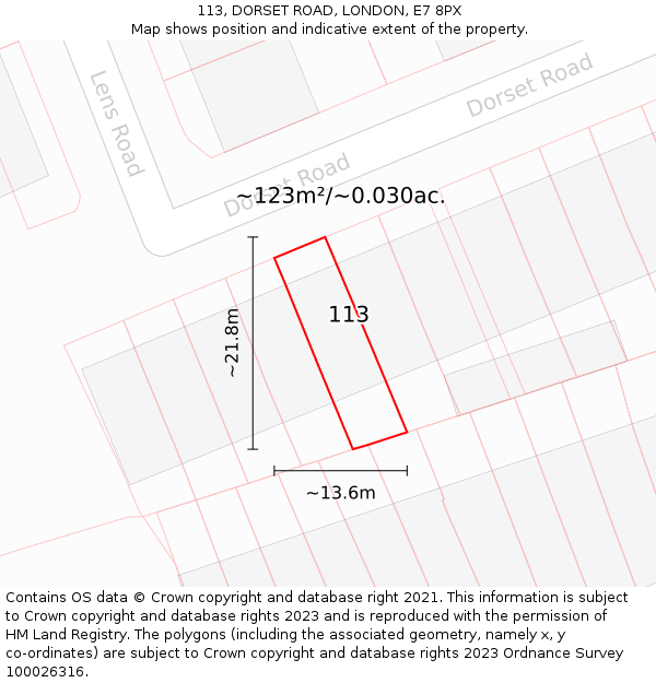 113, DORSET ROAD, LONDON, E7 8PX: Plot and title map