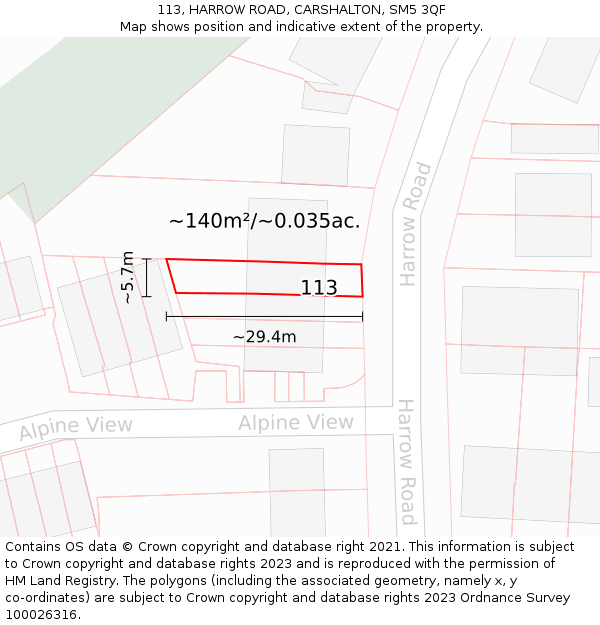 113, HARROW ROAD, CARSHALTON, SM5 3QF: Plot and title map