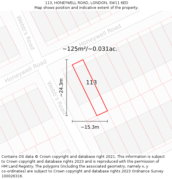 113, HONEYWELL ROAD, LONDON, SW11 6ED: Plot and title map