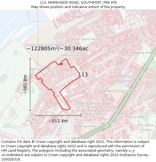 113, MARSHSIDE ROAD, SOUTHPORT, PR9 9TA: Plot and title map