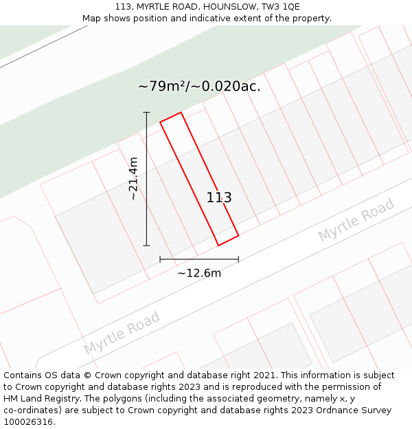 113, MYRTLE ROAD, HOUNSLOW, TW3 1QE: Plot and title map