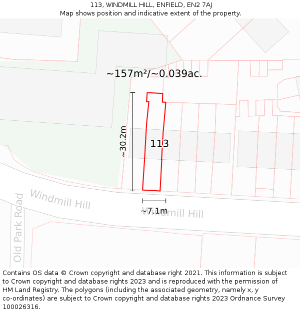 113, WINDMILL HILL, ENFIELD, EN2 7AJ: Plot and title map