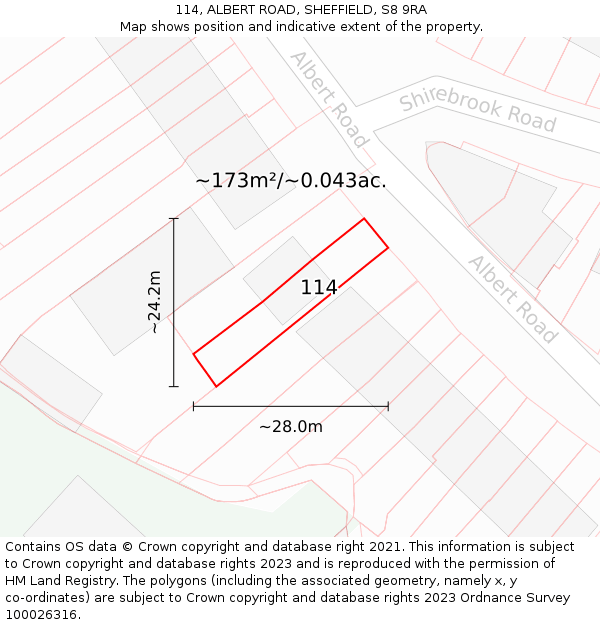 114, ALBERT ROAD, SHEFFIELD, S8 9RA: Plot and title map