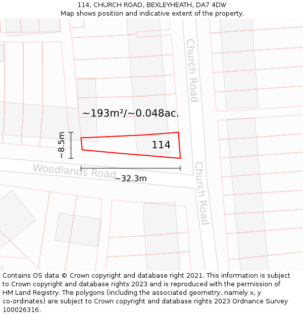 114, CHURCH ROAD, BEXLEYHEATH, DA7 4DW: Plot and title map