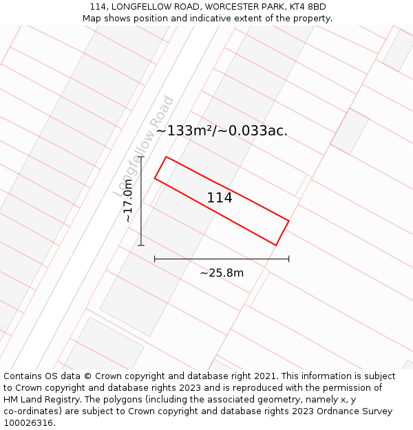 114, LONGFELLOW ROAD, WORCESTER PARK, KT4 8BD: Plot and title map