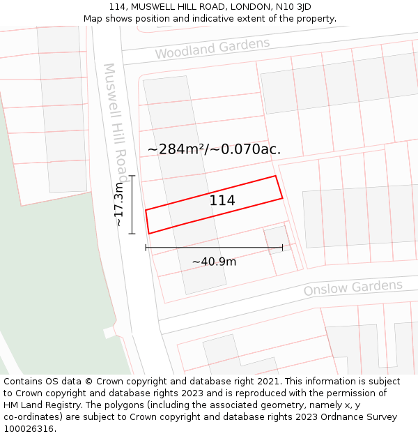 114, MUSWELL HILL ROAD, LONDON, N10 3JD: Plot and title map