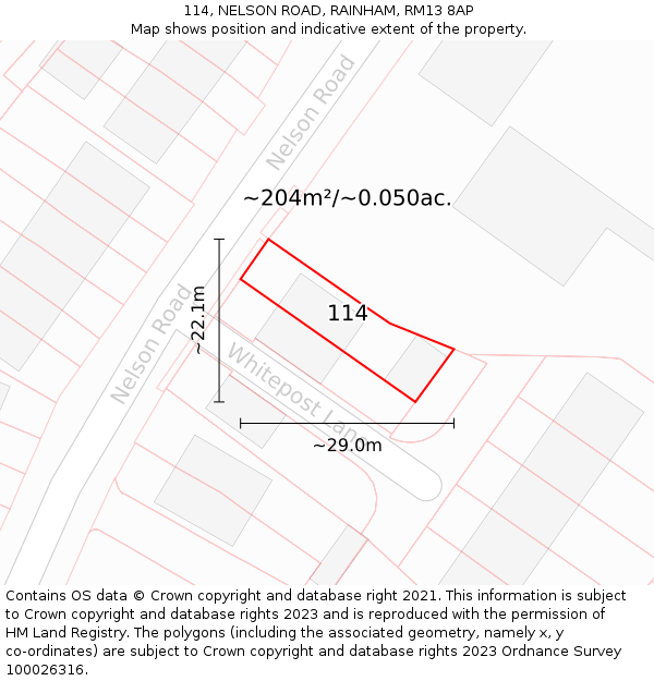 114, NELSON ROAD, RAINHAM, RM13 8AP: Plot and title map