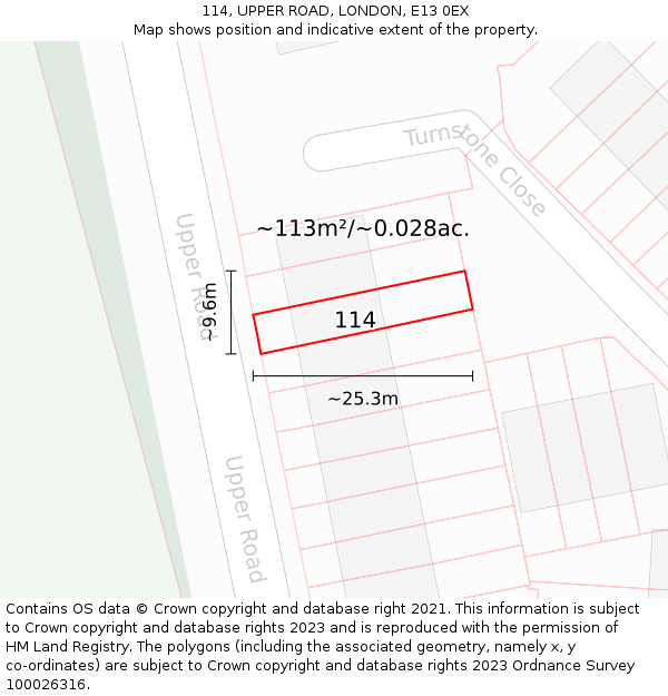 114, UPPER ROAD, LONDON, E13 0EX: Plot and title map
