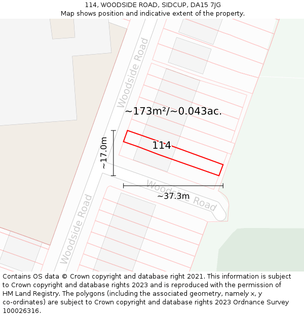 114, WOODSIDE ROAD, SIDCUP, DA15 7JG: Plot and title map